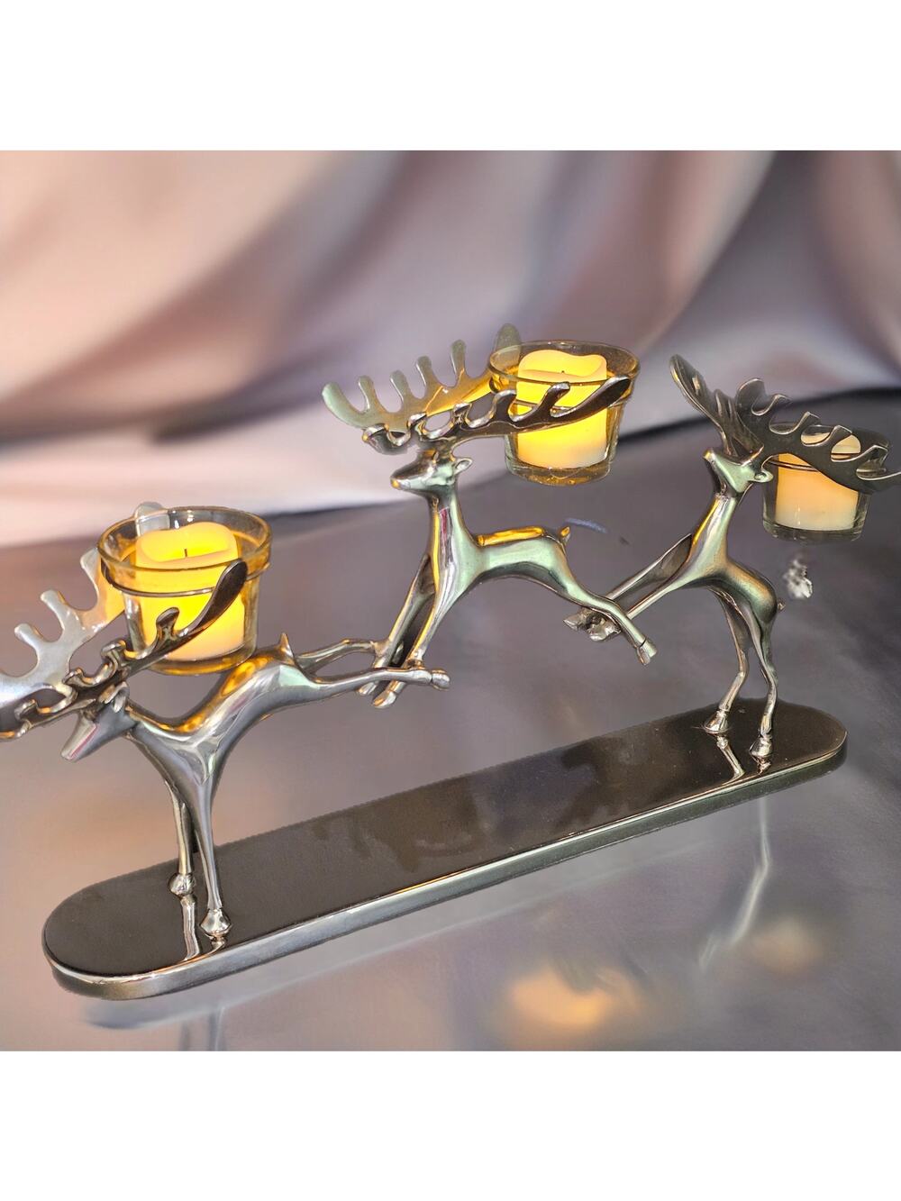 Three Silver Reindeer Candle Holder With Glass Votives